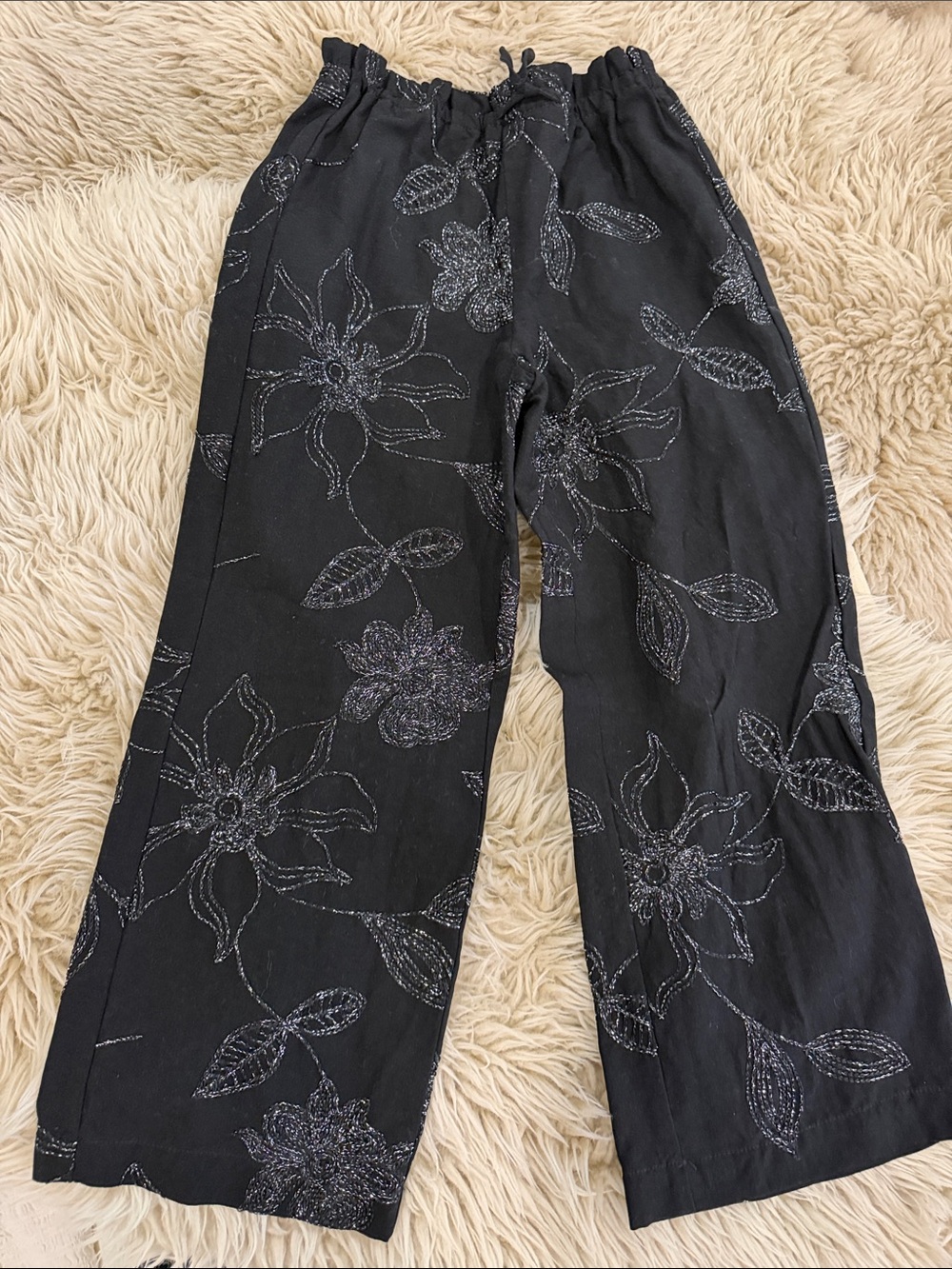 Zara Black with metallic Floral Wide-Leg girls pull on pant